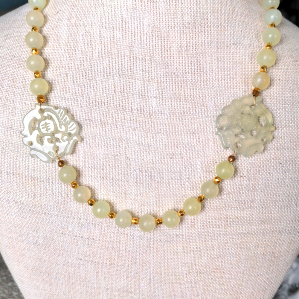 Handcrafted Celadon green beaded necklace.  Bali gold plated clasp. 21" New, Box